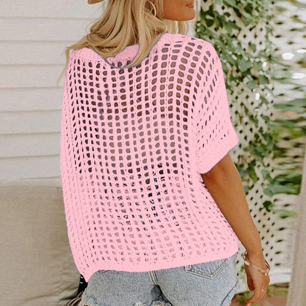 トップス Crochet frill knit tops Pink ANDMARY】Crochet frill knit tops